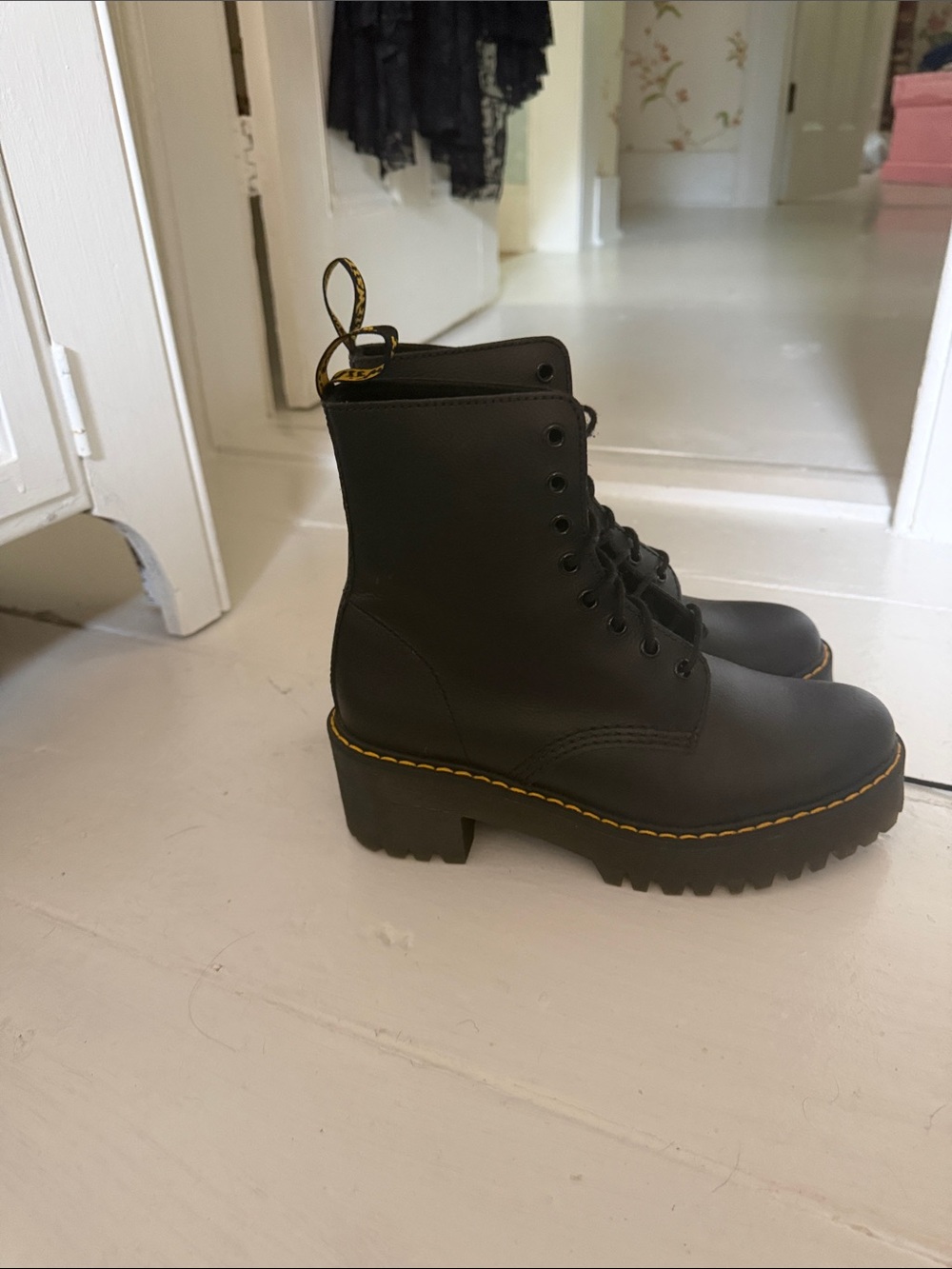 Dr. Martens Black Lace-Up Lug Heel Ankle Boots with Yellow Stitching